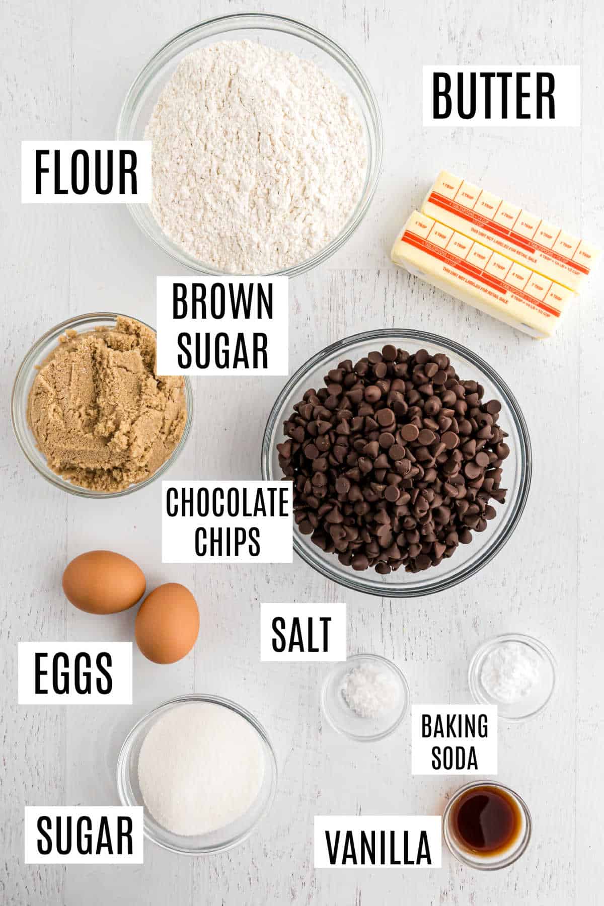 Ingredients needed to make chocolate chip cookie bars.