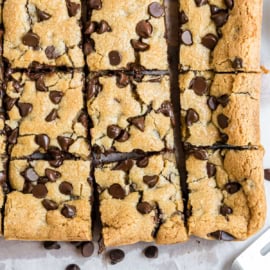 These Chocolate Chip Cookie Bars transform everyone’s favorite cookie into thick, soft and chewy, chocolate bar cookies. Easy recipe that serves a crowd!