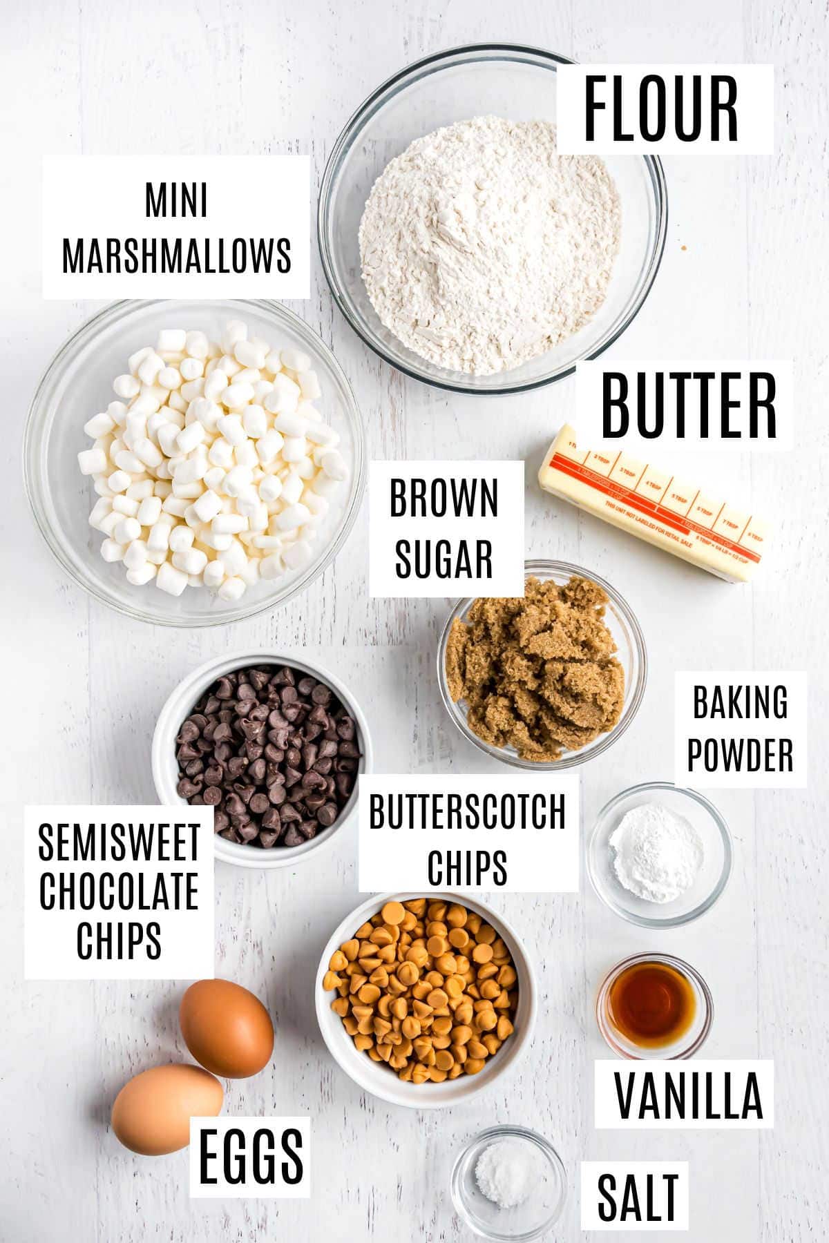 Ingredients needed to make butterscotch marshmallow bars.