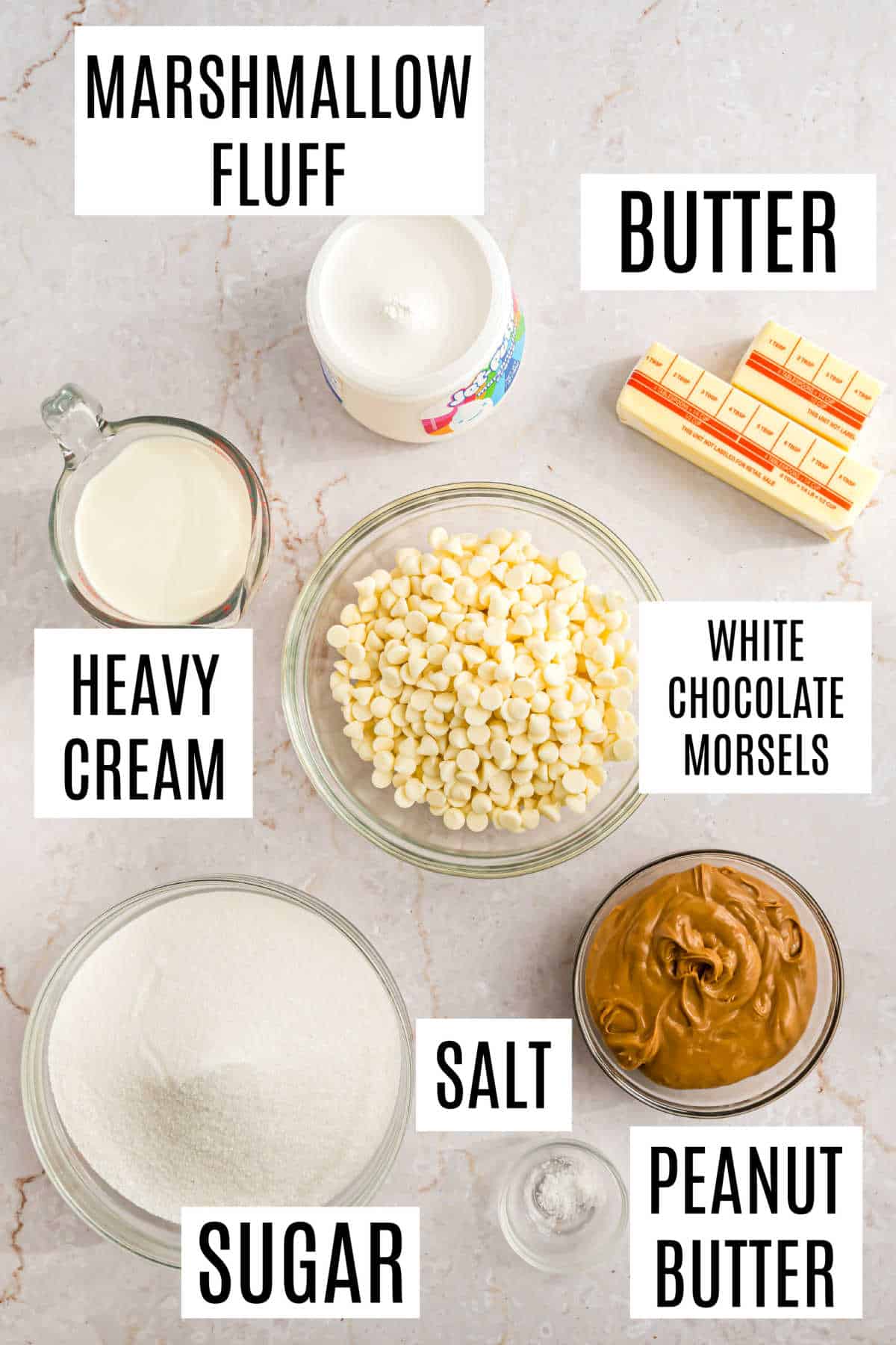 Ingredients needed to make peanut butter fudge.