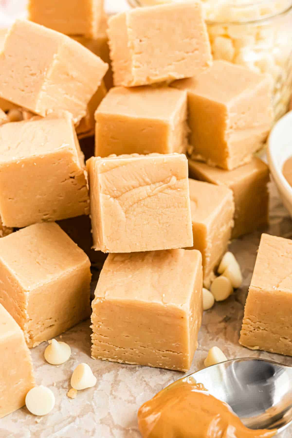 Stacked pieces of peanut butter fudge.