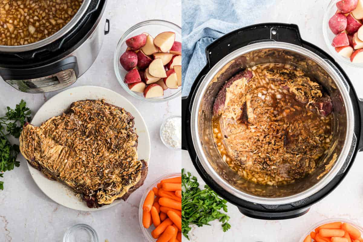 Step by step photos showing how to make pot roast in the Instant Pot.