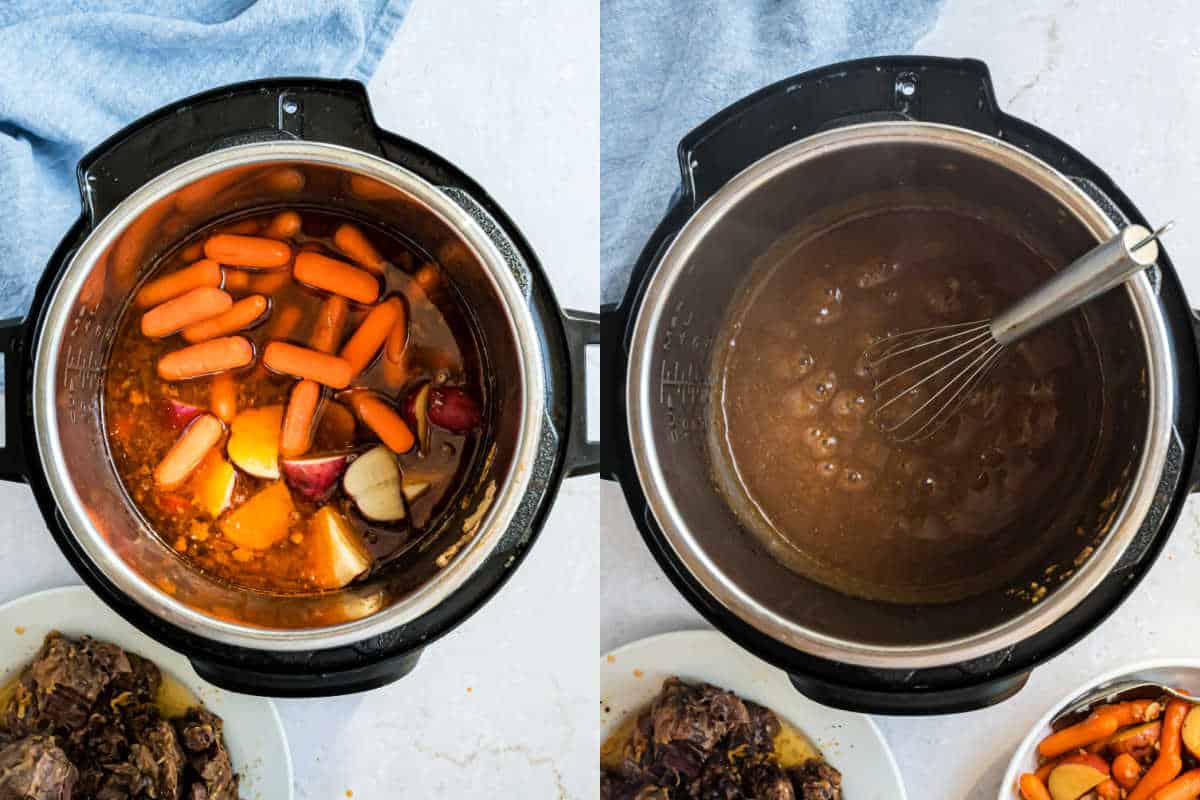 Step by step photos showing how to cook carrots and gravy for pot roast in the Instant Pot.