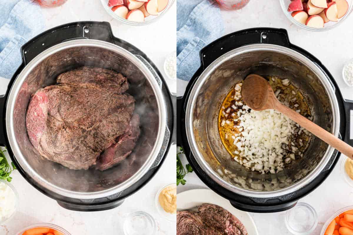 Step by step photos showing how to sear a pot roast in the pressure cooker.