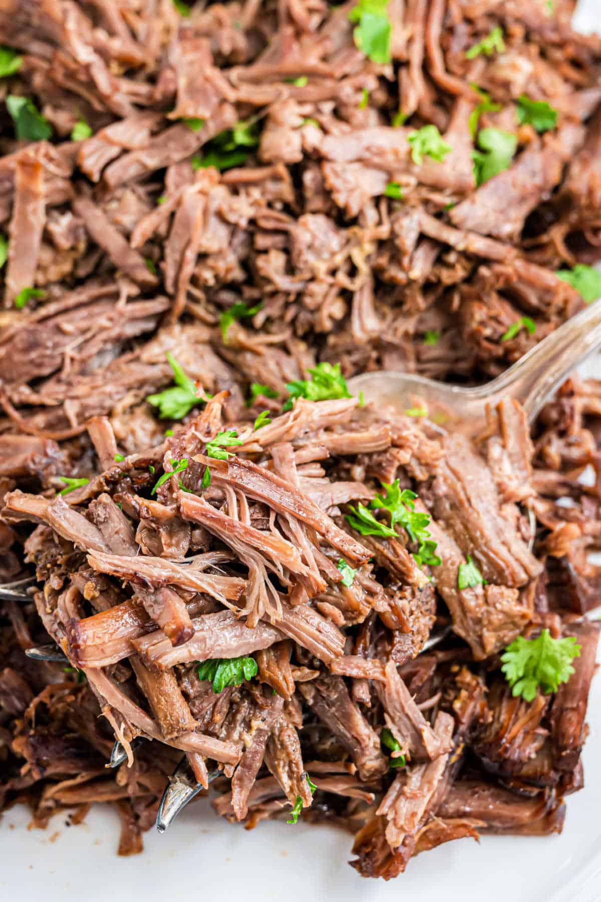 Pot roast beef shredded on a serving tray.