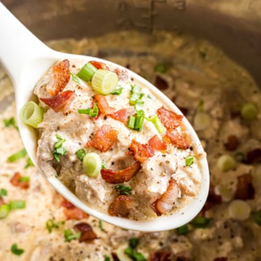 Creamy chicken with bacon on a spoon.