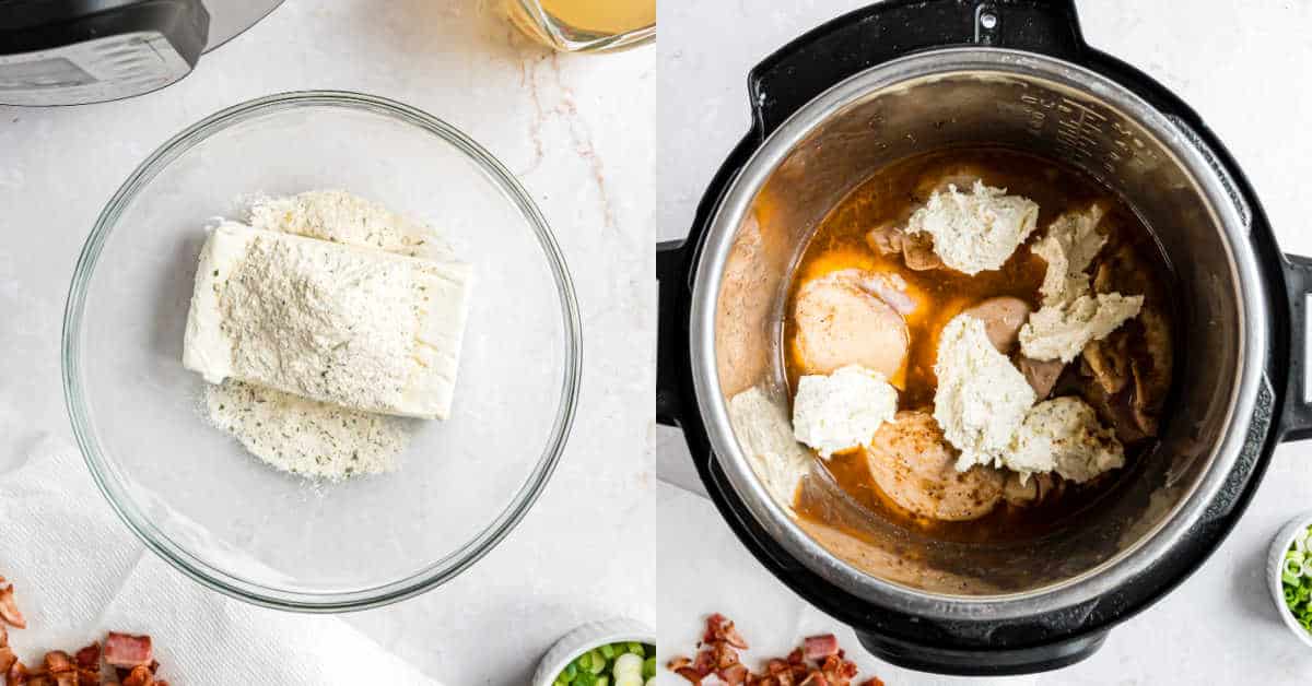 Step by step photos showing how to make crack chicken in the Instant Pot.