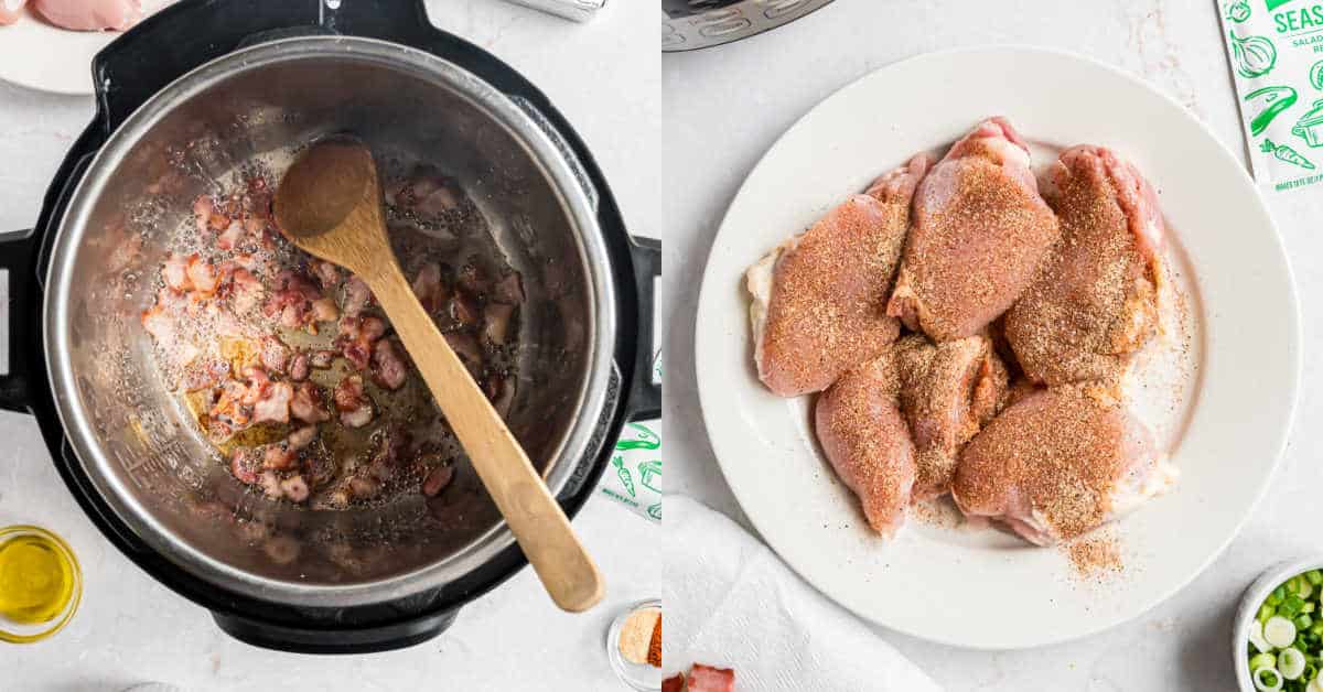 Step by step photos showing how to sear chicken in the Instant Pot.