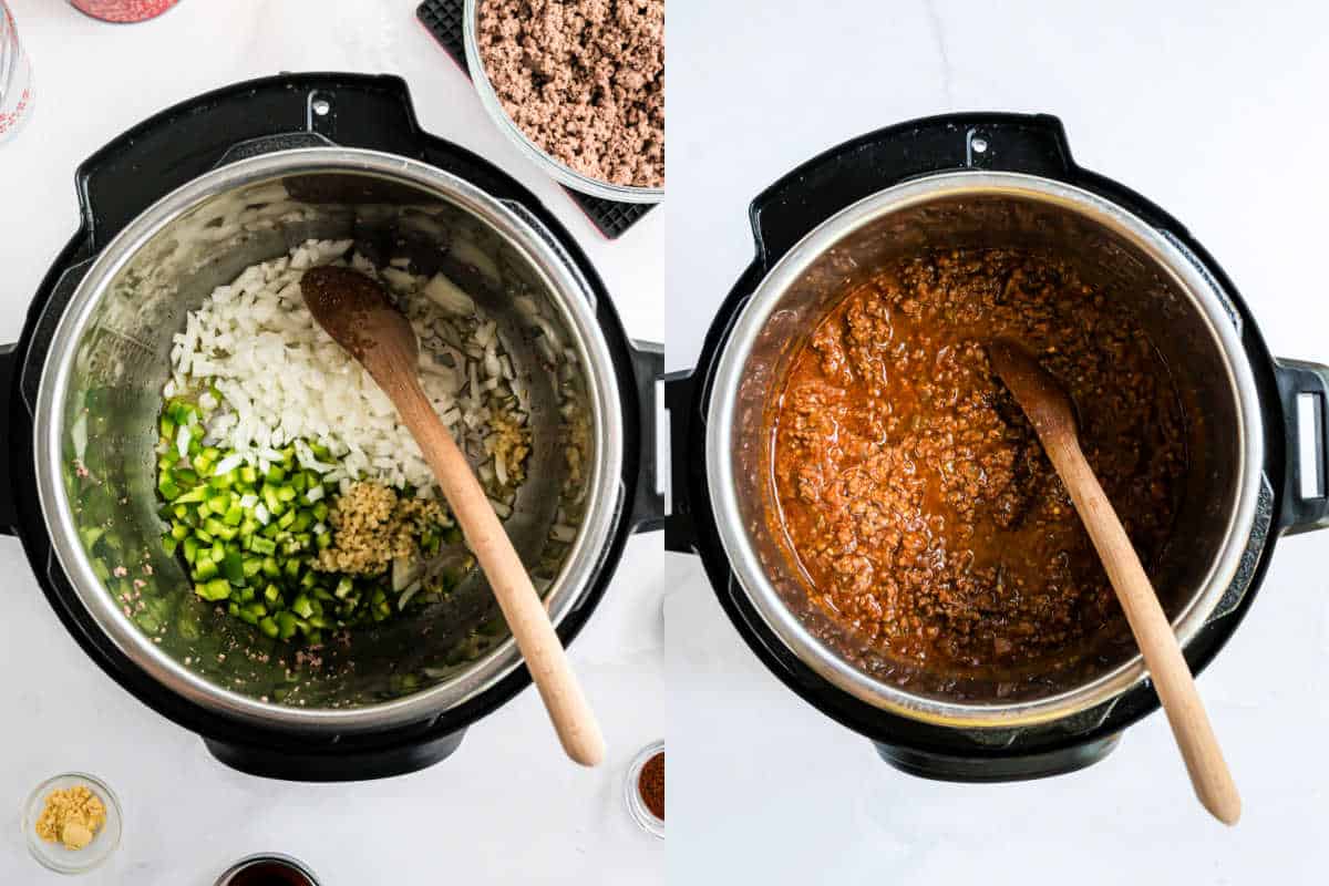 Step by step photos showing how to make sloppy joes in pressure cooker.