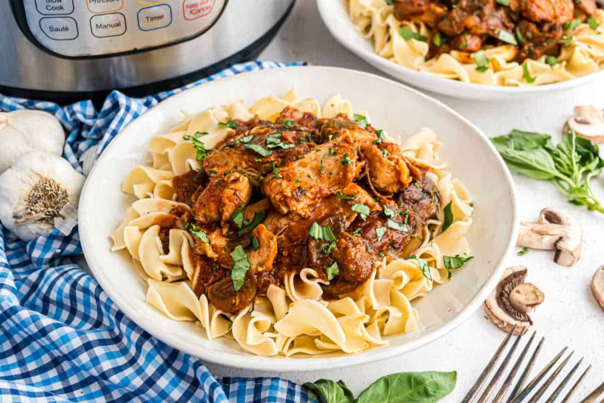 Egg noodles topped with chicken cacciatore.