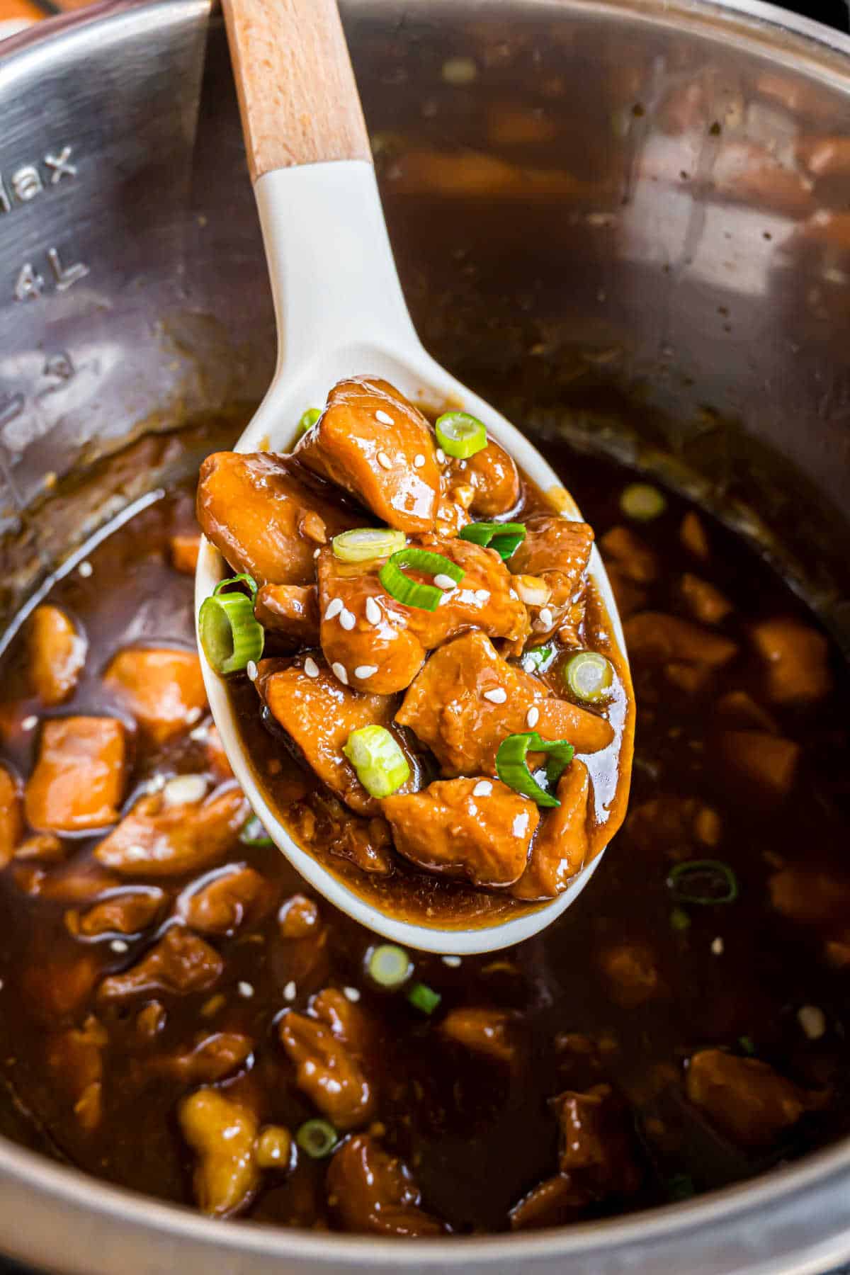 Spoon with mongolian chicken and green onions.