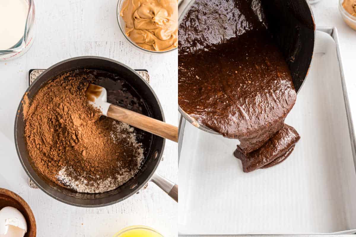 Step by step photos showing how to make brownie layer.