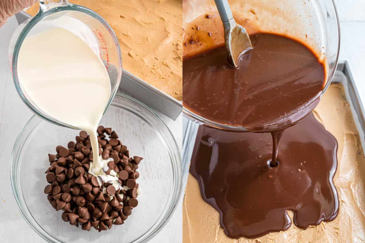 Step by step photos showing how to make ganache for brownies.