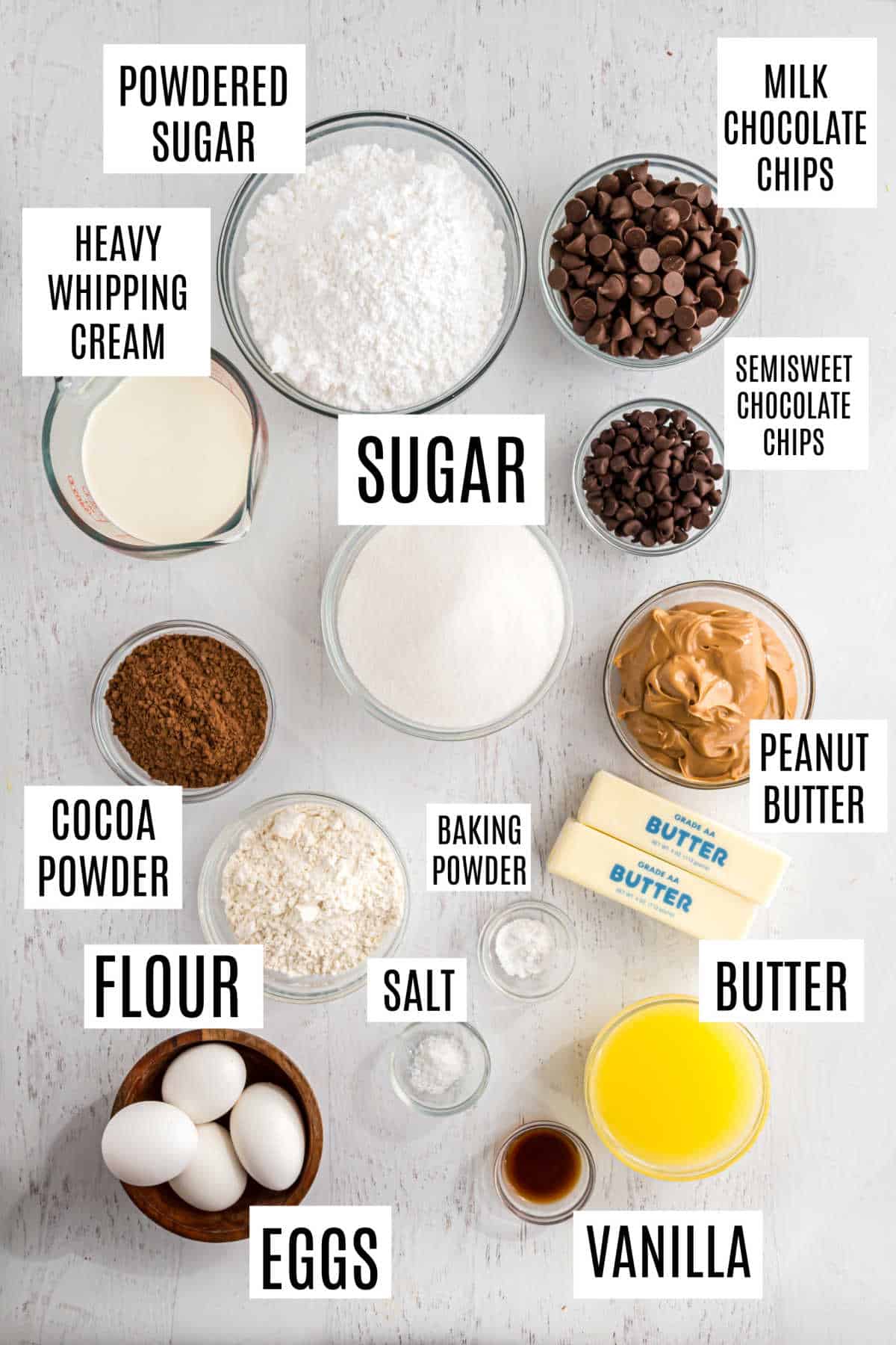 Ingredients needed to make buckeye brownies.