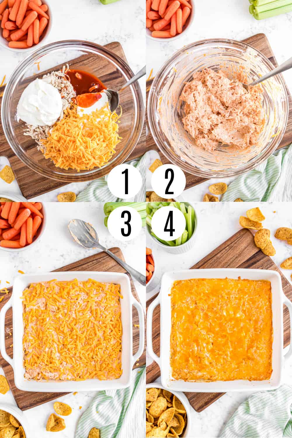 Step by step photos showing how to make buffalo chicken dip.