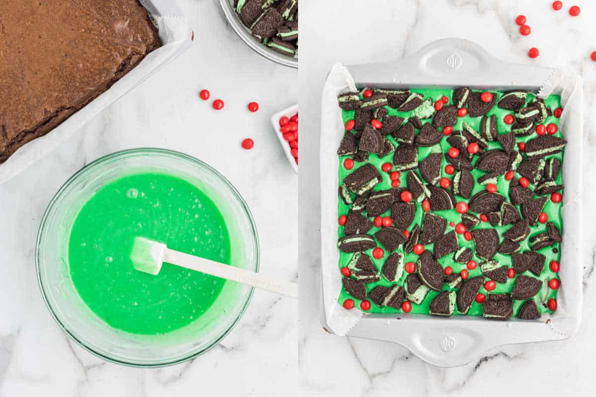 Step by step photos showing how to make grinch topped brownies.