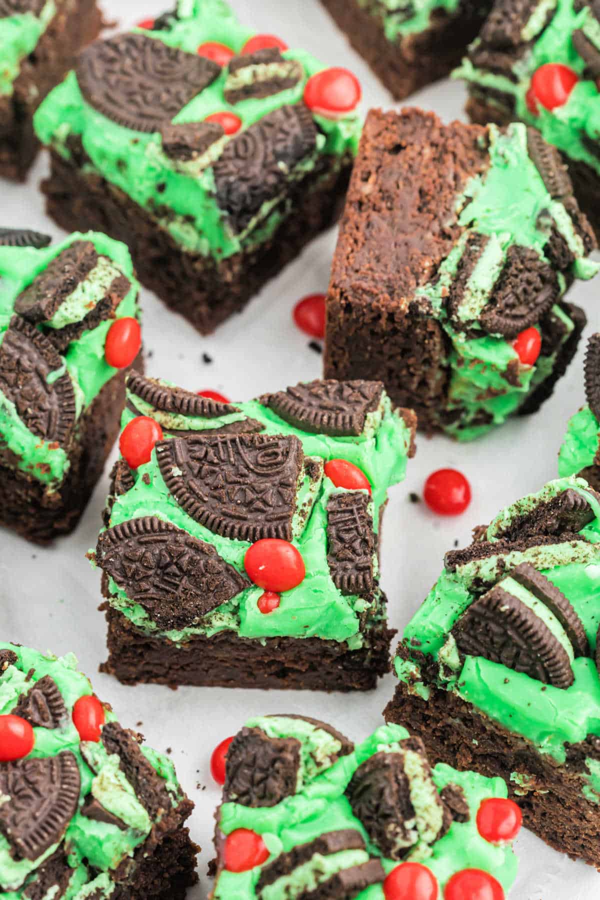 Grinch brownies cut into squares.