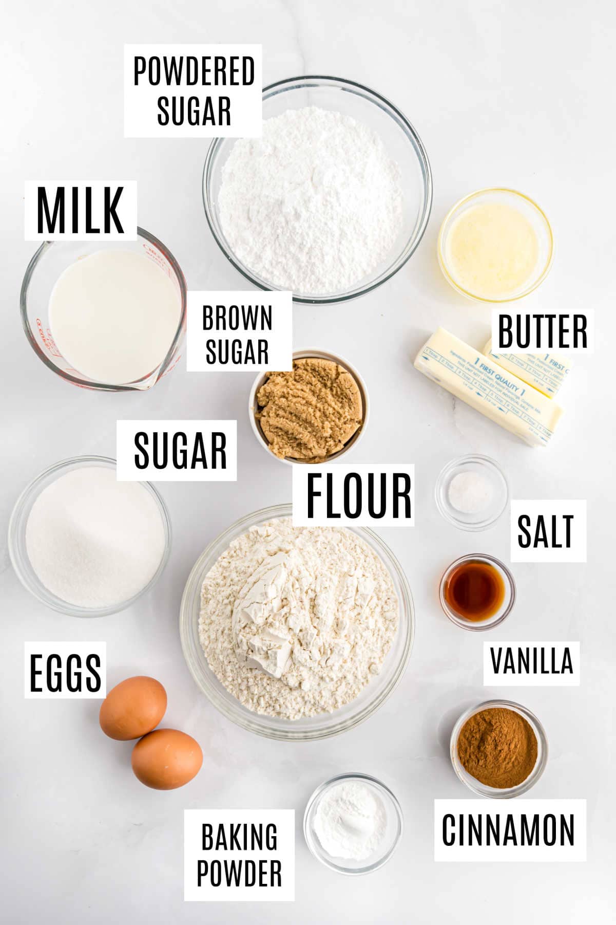 Ingredients needed to make cinnamon roll cake.