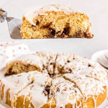 This Cinnabon Cake mixes the best parts of a cinnamon roll and coffee cake for a delicious breakfast treat. The sweet vanilla icing is the perfect finishing touch!