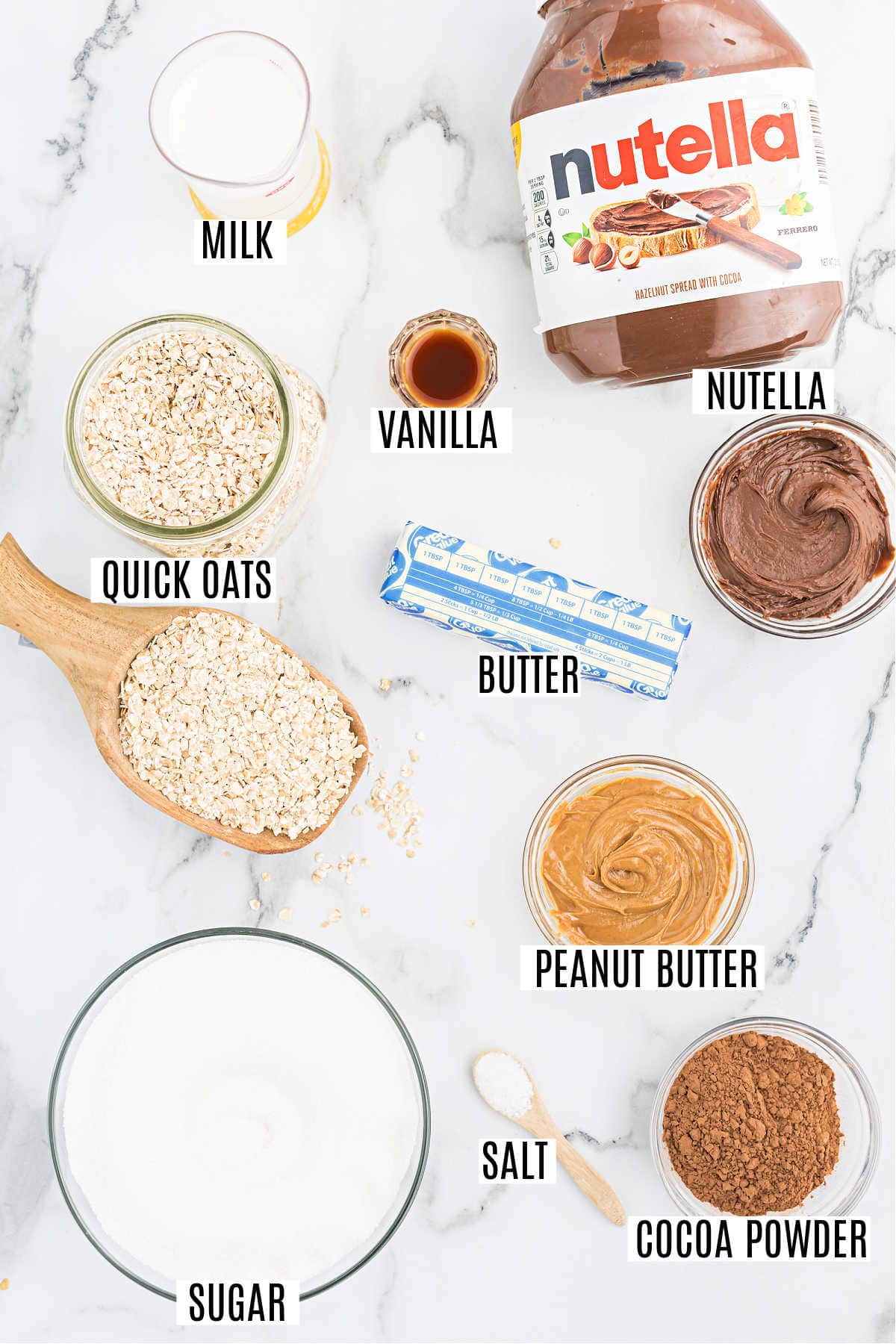 Ingredients needed to make nutella no bake cookies.