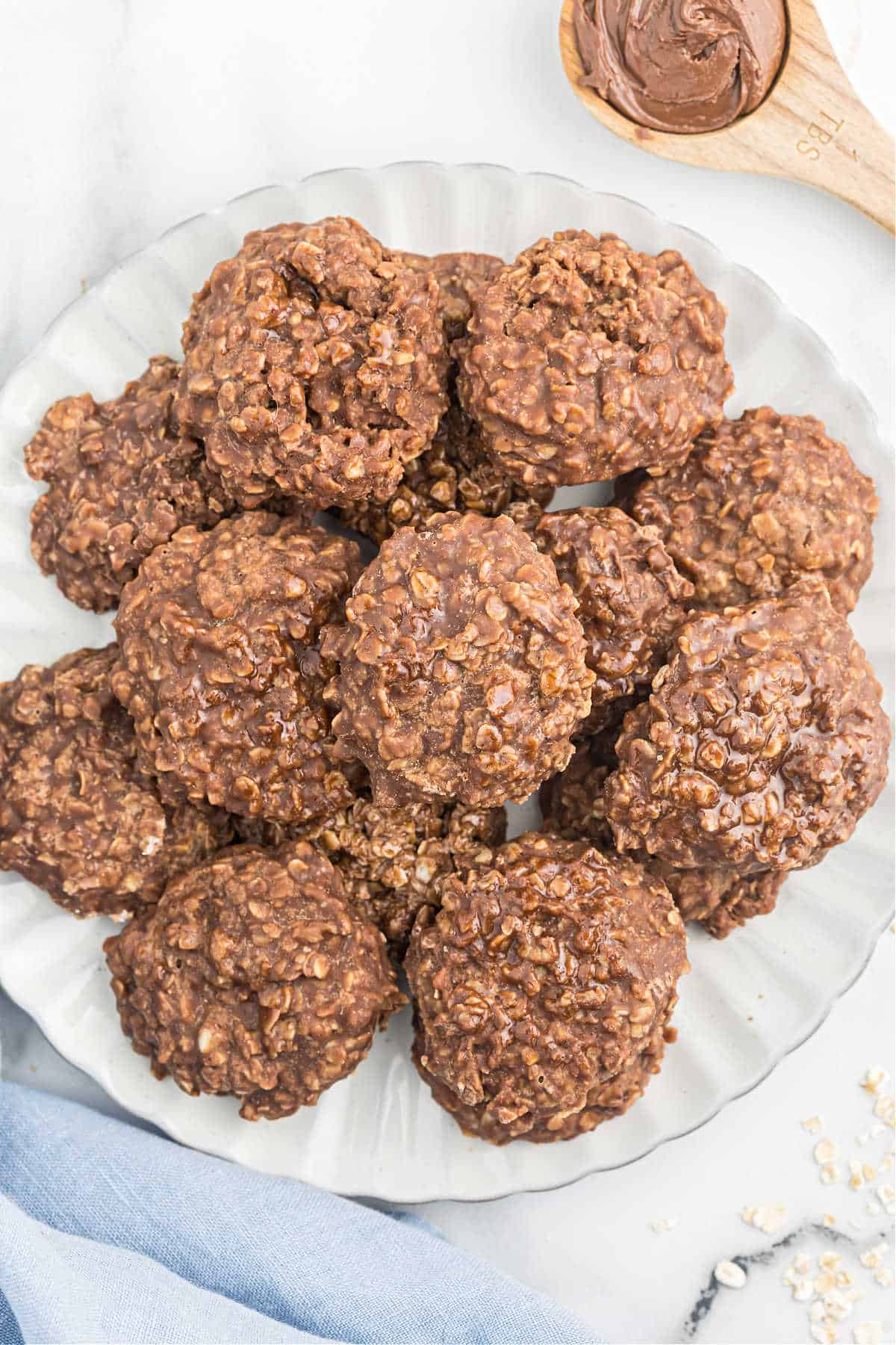 Plate of nutella no bake cookies stacked.