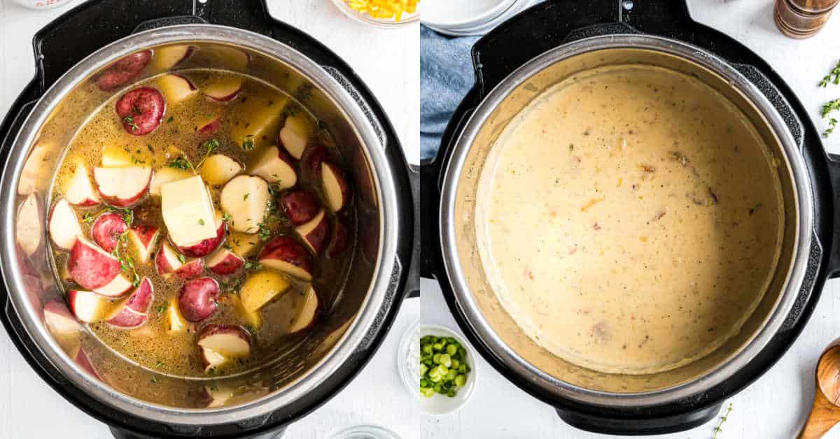 Step by step photos showing how to make potato soup in the pressure cooker.