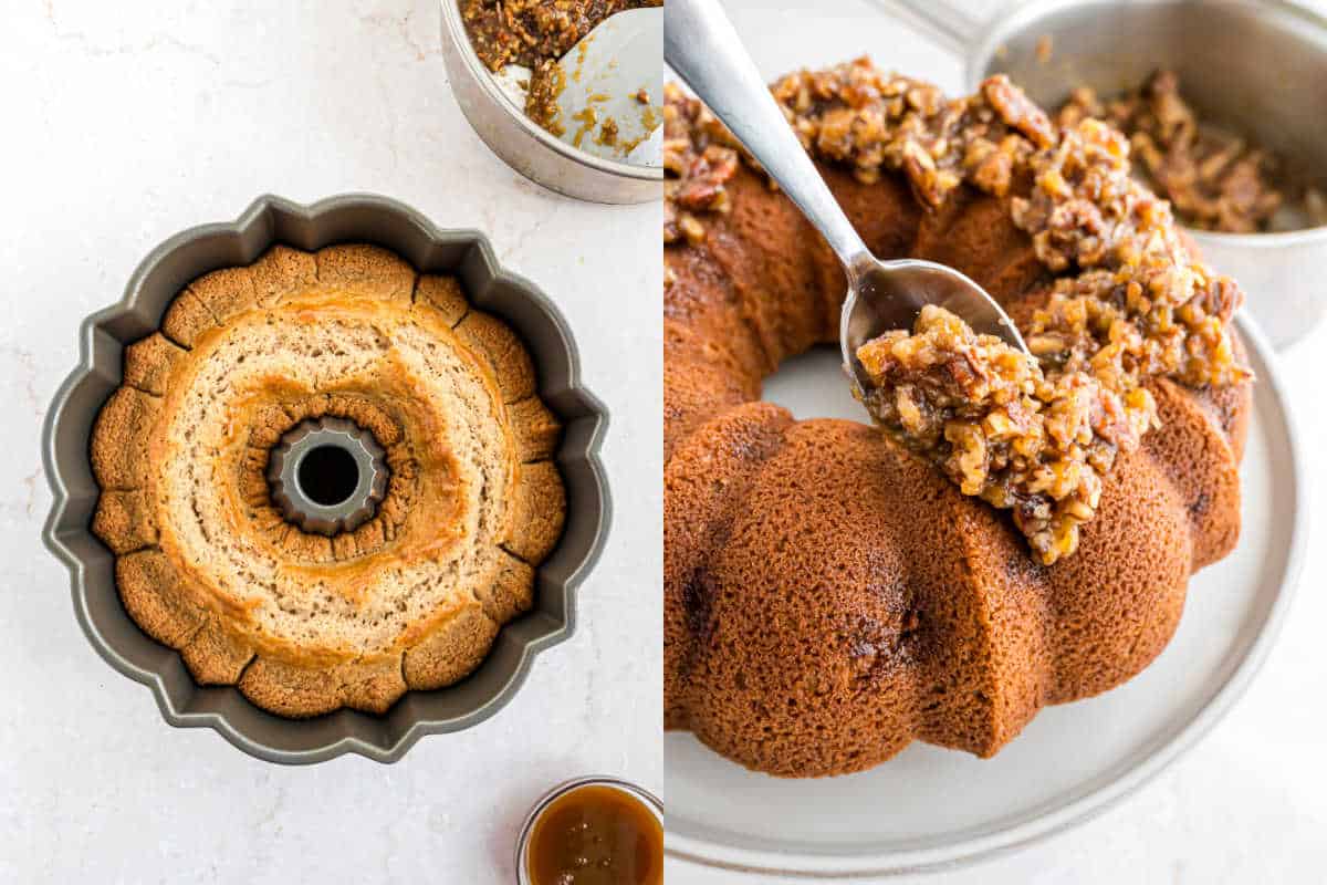 Step by step pictures showing how to add topping to bundt cake.