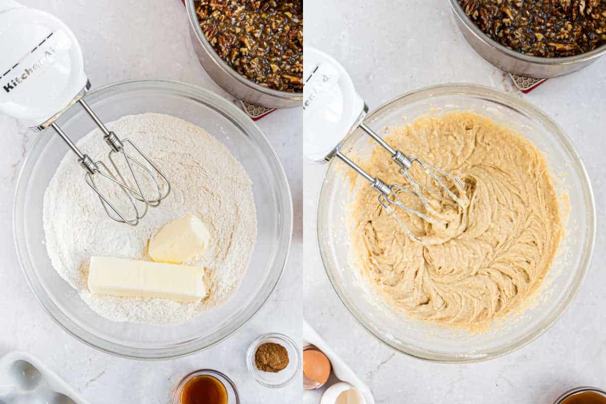 Step by step photos showing how to make batter for cake.