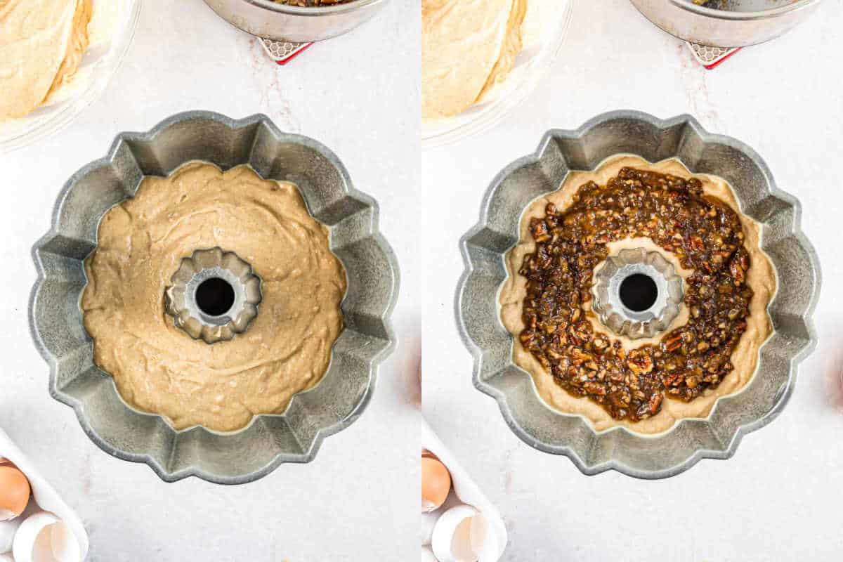 Step by step pictures showing how to assemble pecan pie bundt cake.