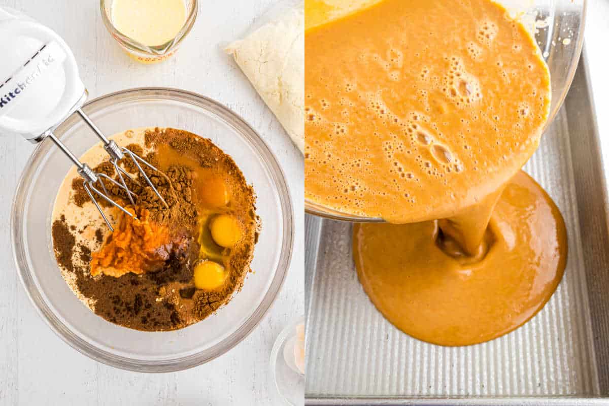 Step by step photos showing how to make pumpkin cake batter.