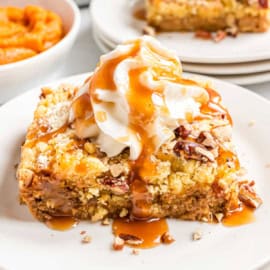 Sweet and Salty, you'll love this Pumpkin Dump Cake recipe. With layers of pumpkin pie filling, yellow cake mix, and pecans, this crunchy cake is a tried and true crowd pleaser!