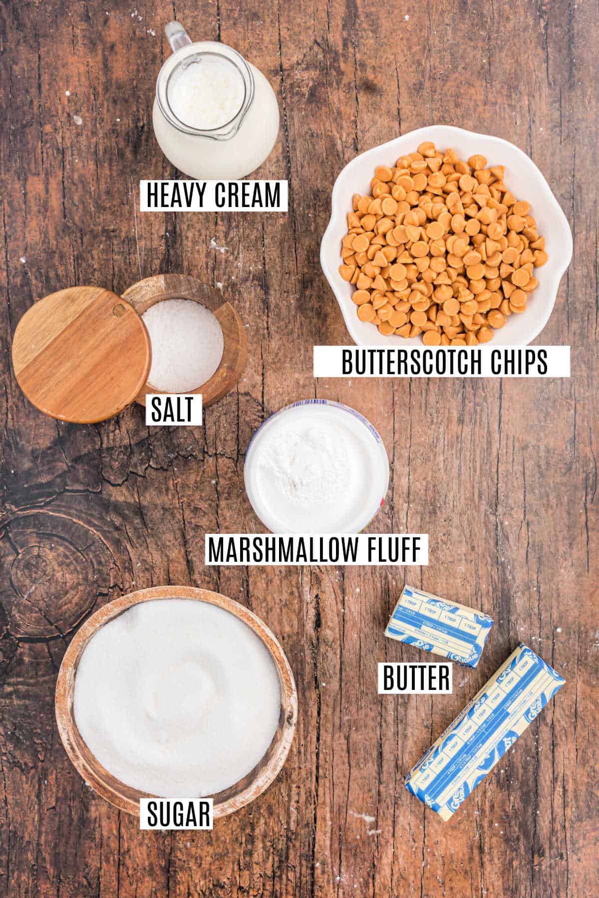 Ingredients needed to make butterscotch fudge.