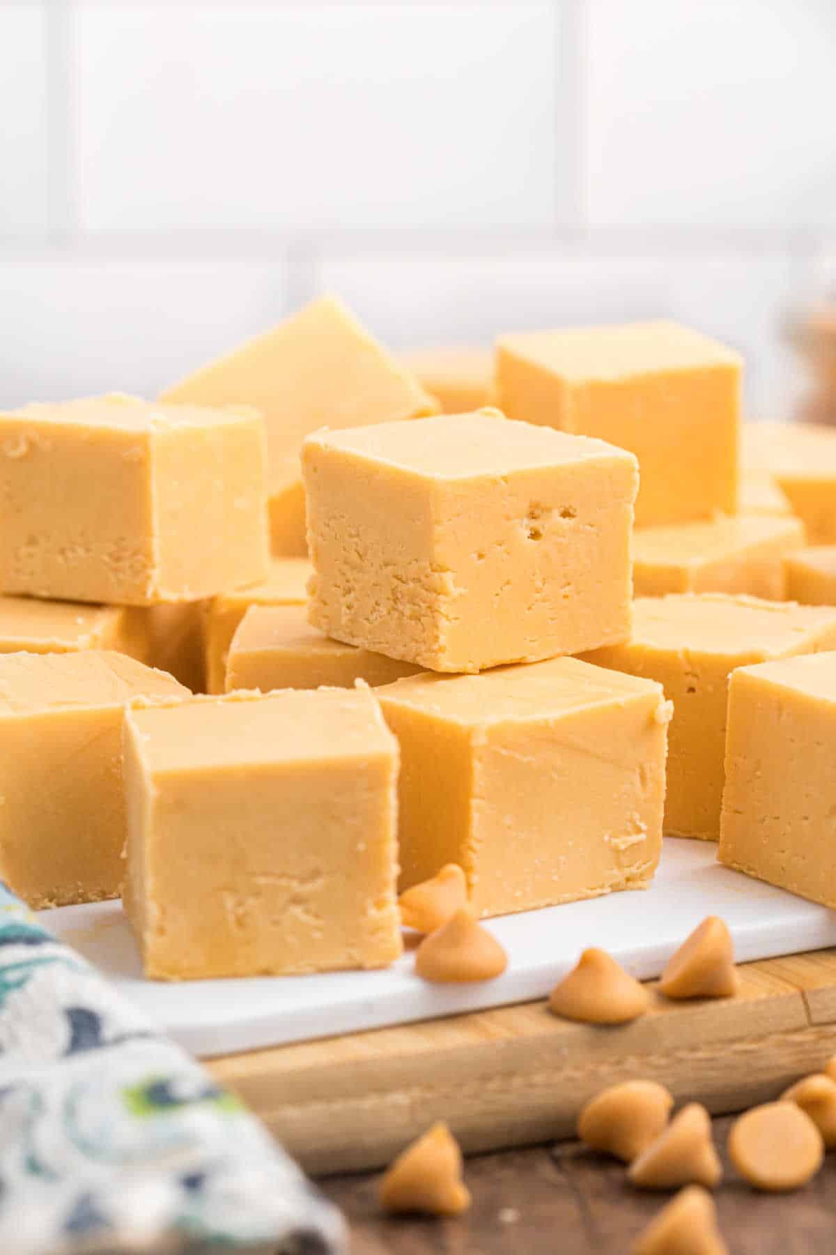 Butterscotch fudge stacked on top of each other.