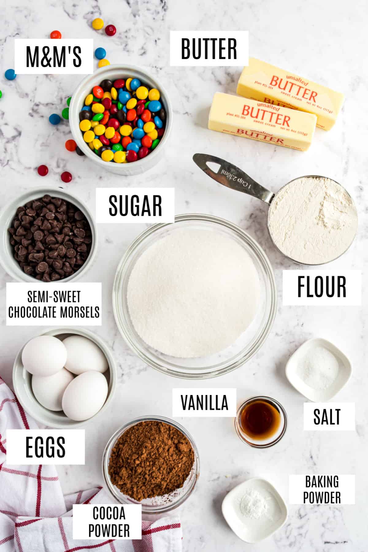 Ingredients needed for M&M's brownies.