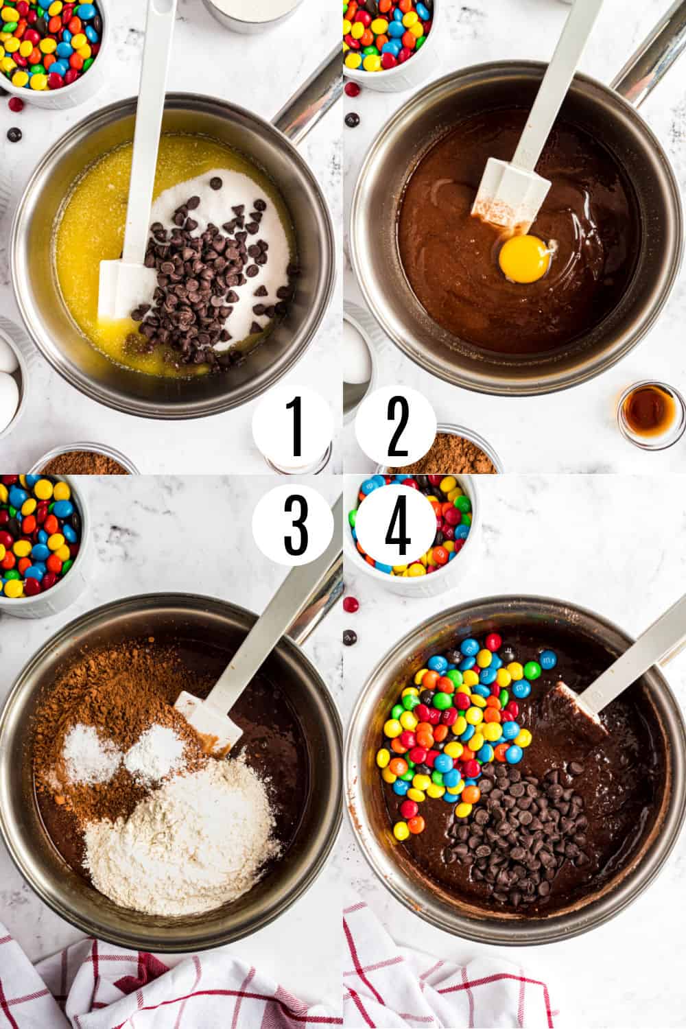 Step by step photos showing how to make chocolate M&M brownies.