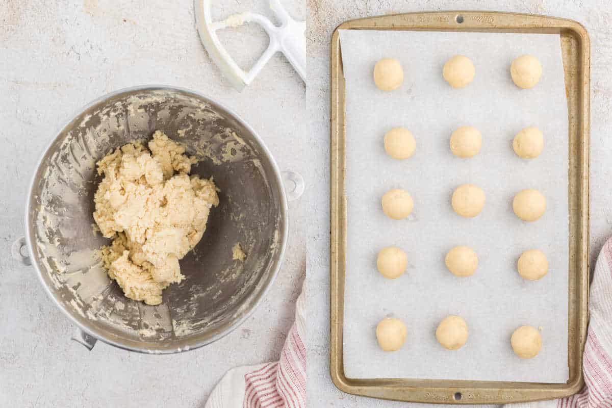 Step by step photos showing how to make thumbprint cookie dough.