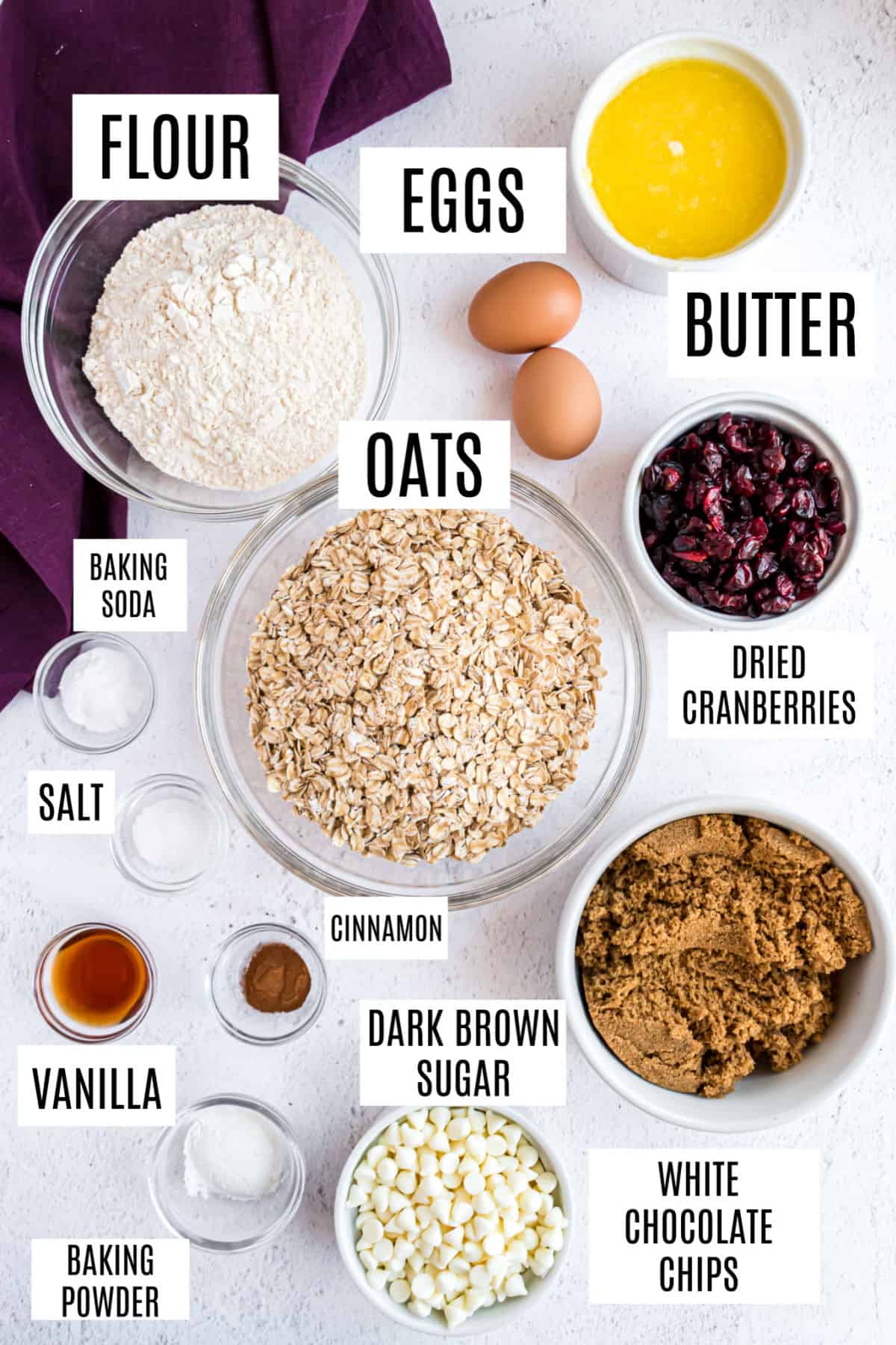 Ingredients needed to make white chocolate cranberry oatmeal cookies.
