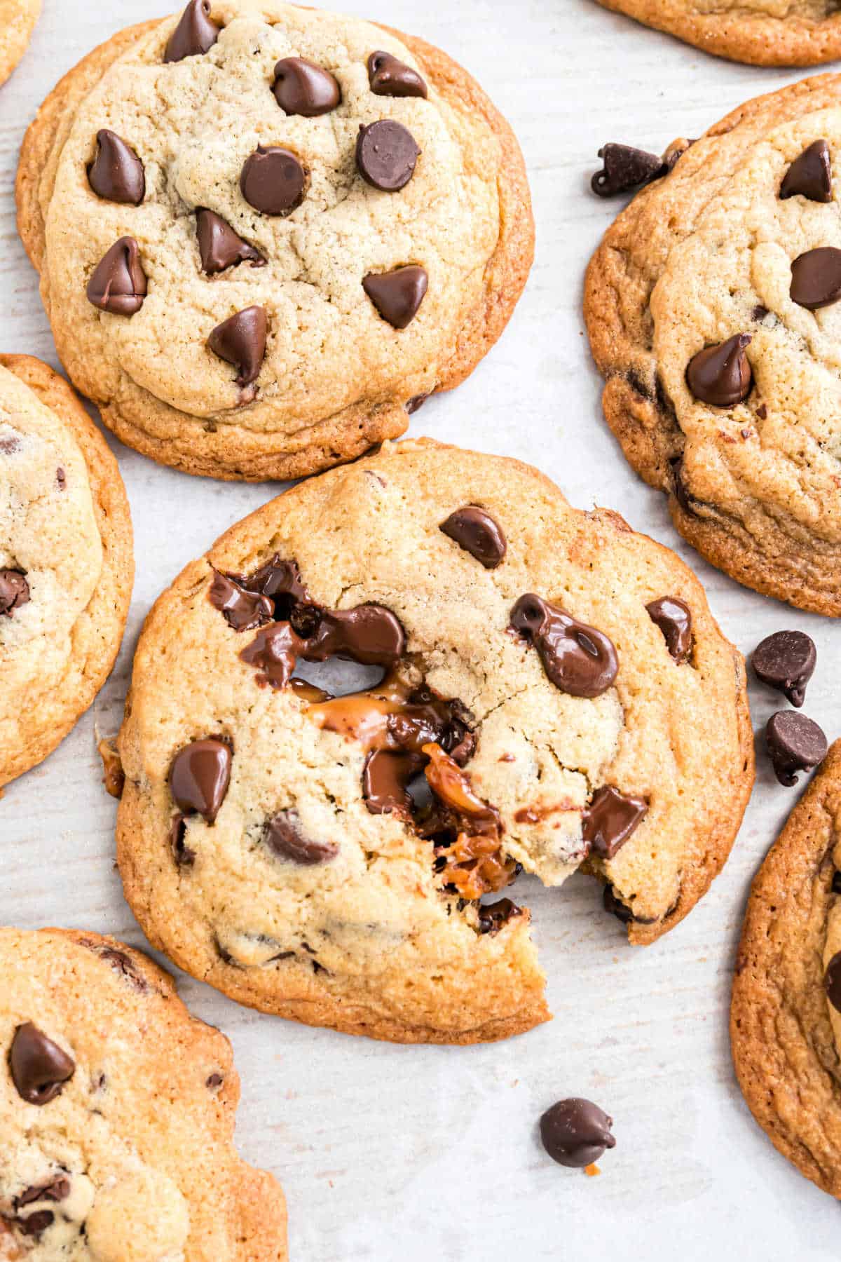 Chocolate chip cookie with caramel inside.