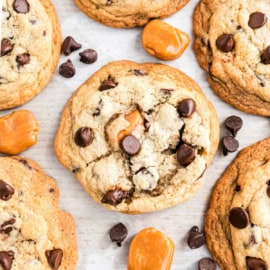 Caramel Chocolate Chip Cookies have a chewy cookie base filled with ribbons of sweet caramel. This easy recipe turns a familiar favorite cookie into an extra decadent treat!