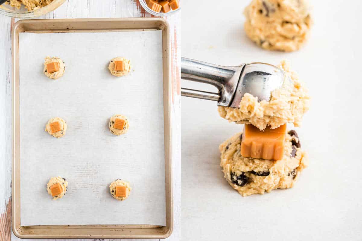 Step by step photos showing how to stuff caramel inside cookie dough.