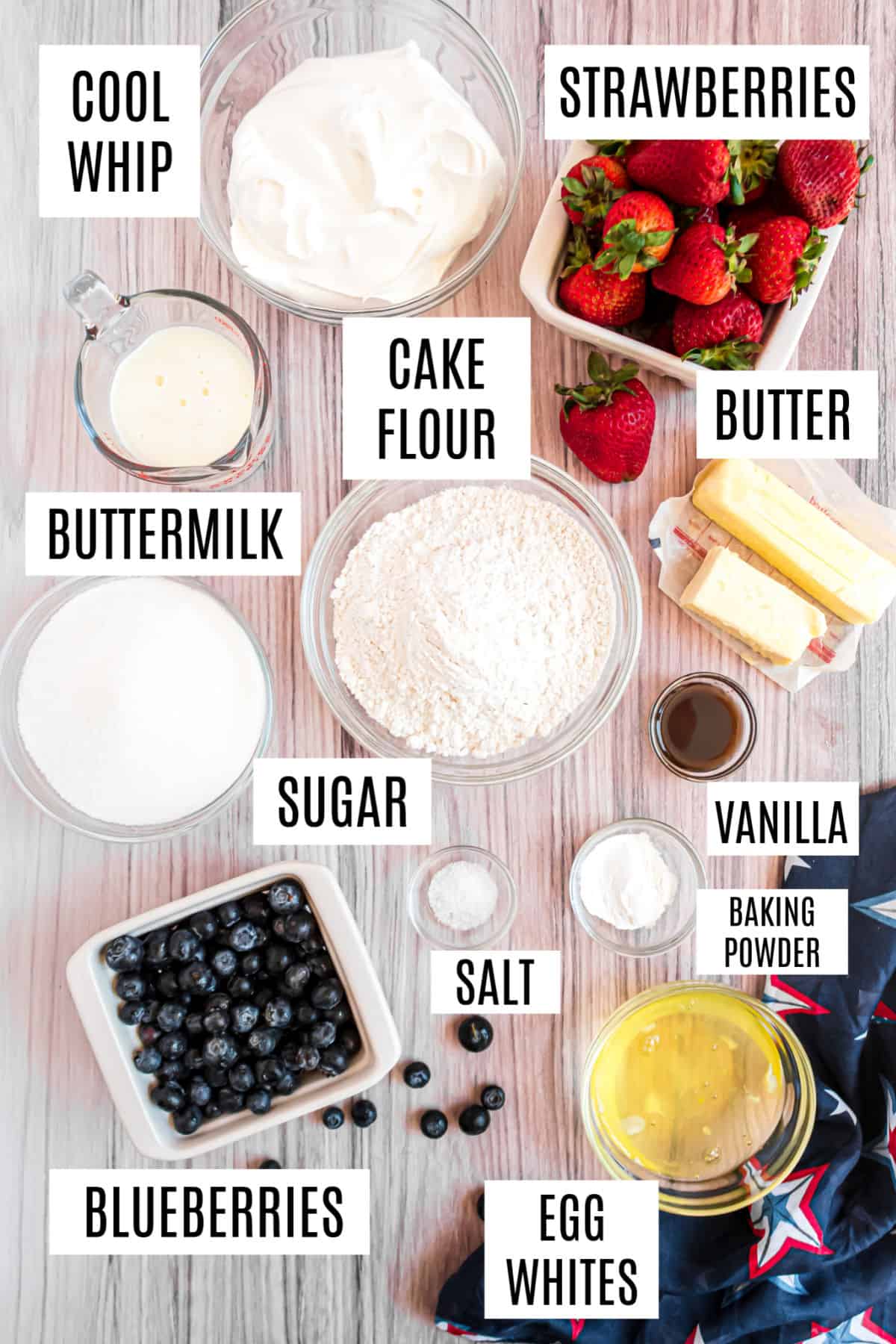 Ingredients needed to make a flag cake with fresh berries and a white cake.