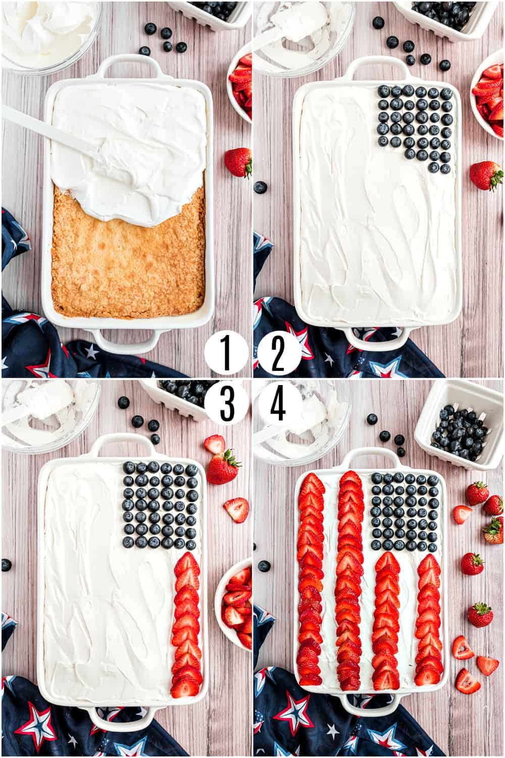 Step by step photos showing how to assemble a flag cake.