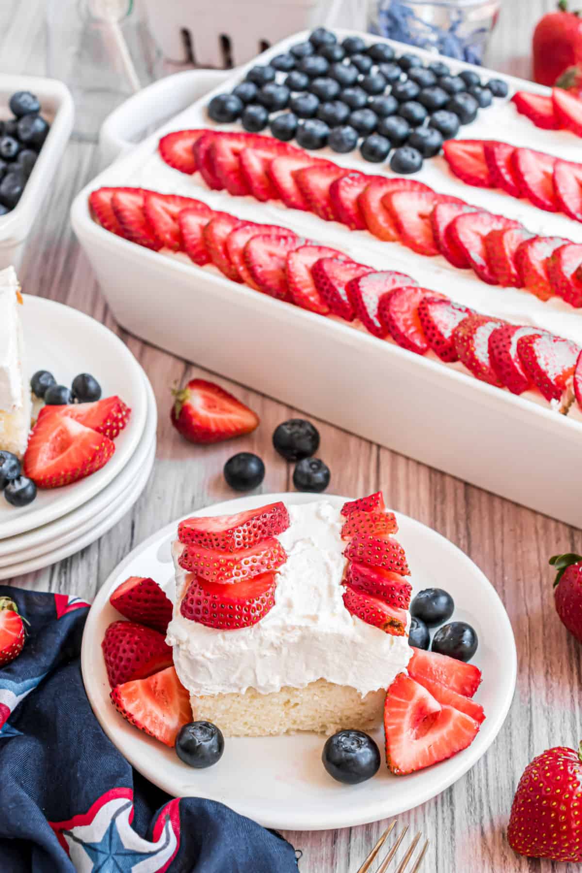 Slice of white cake with fresh berries to mimic an American flag.