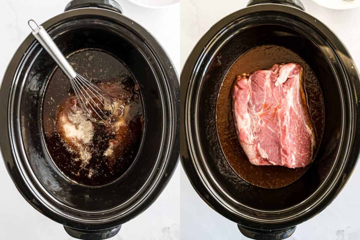 Step by step photos showing how to make root beer pork.