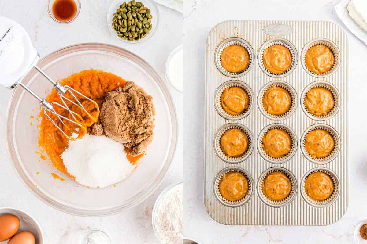 Step by step photos showing how to make pumpkin muffin batter.