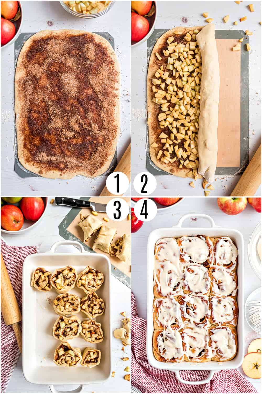 Step by step photos showing how to assemble and bake apple cinnamon rolls.