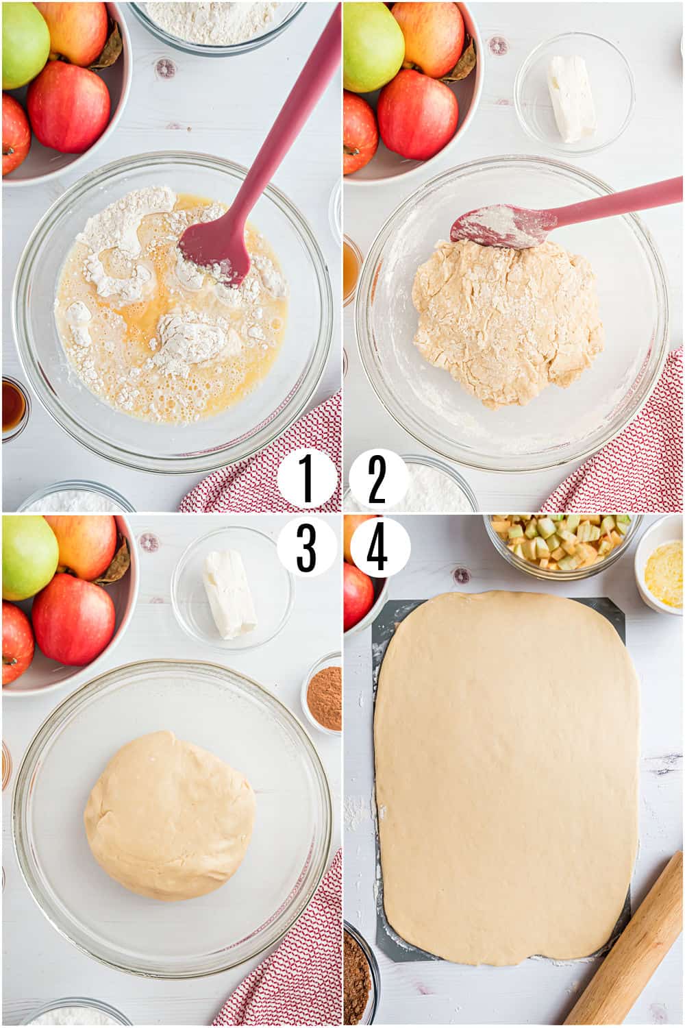 Step by step photos showing how to make apple cinnamon roll dough.