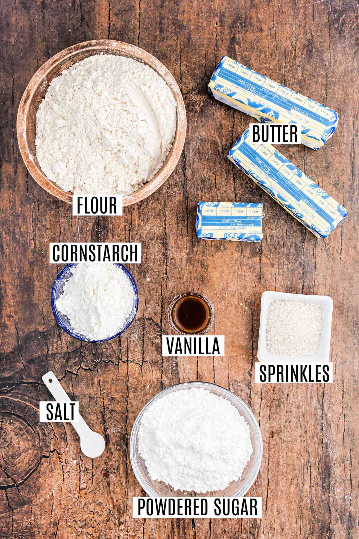 Ingredients needed to make whipped shortbread cookies.