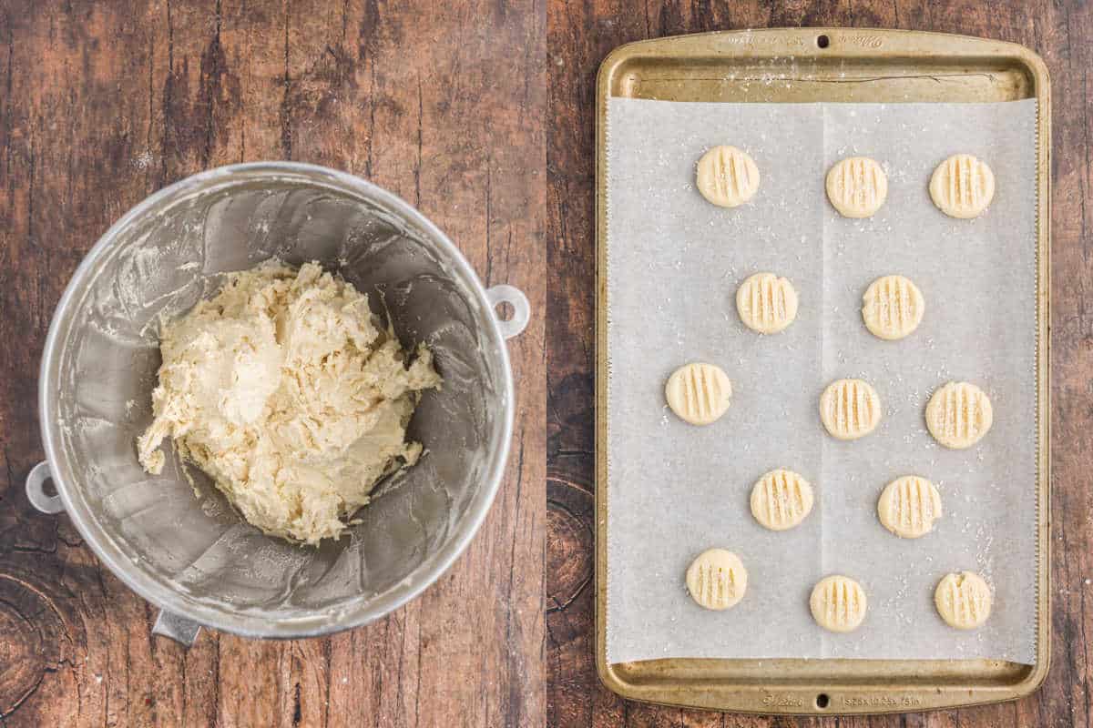 Step by step photos showing how to make whipped shortbread cookie dough.