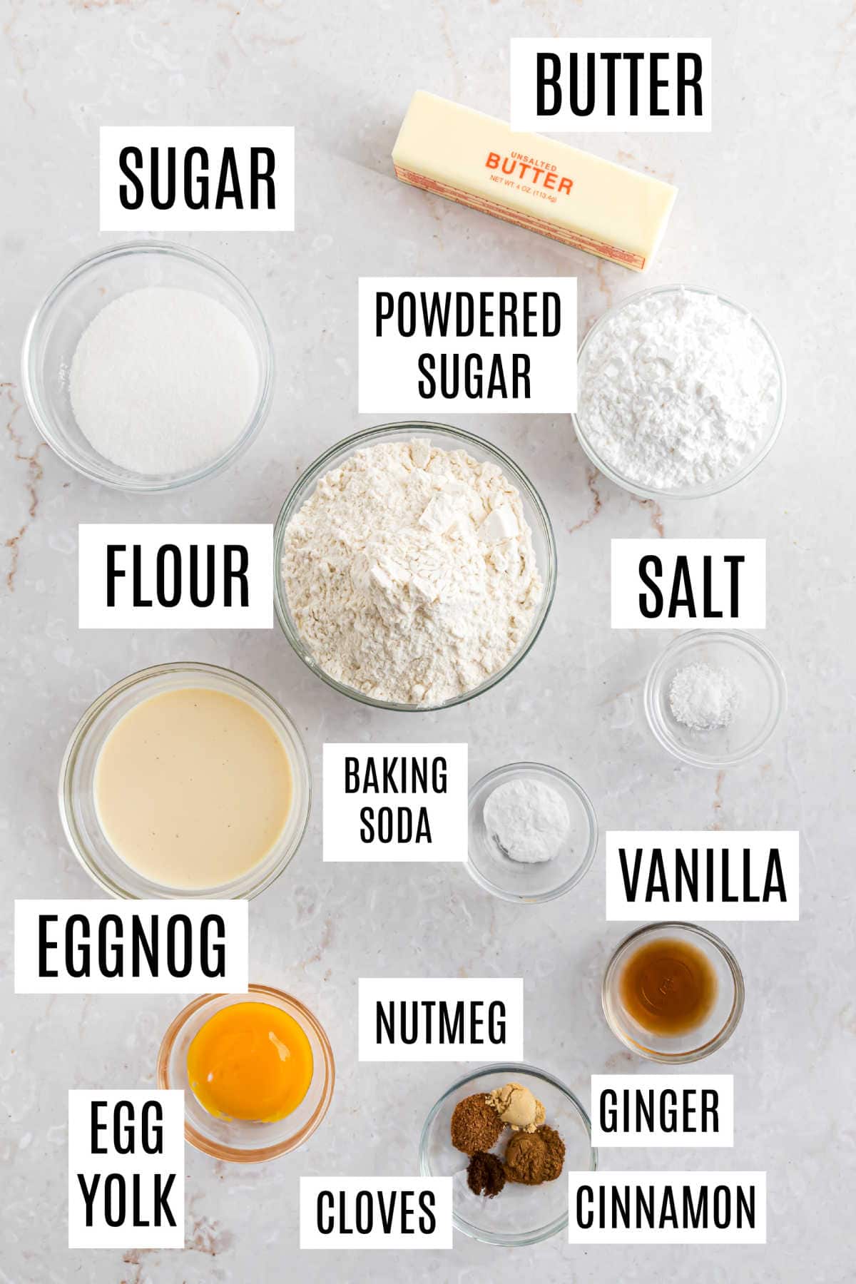 Ingredients needed to make eggnog cookies with icing.